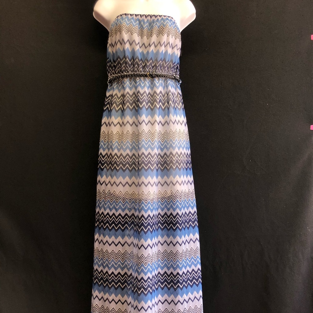 Strapless Blue Chevron Design Pink Rose Maxi Dress New Size Large